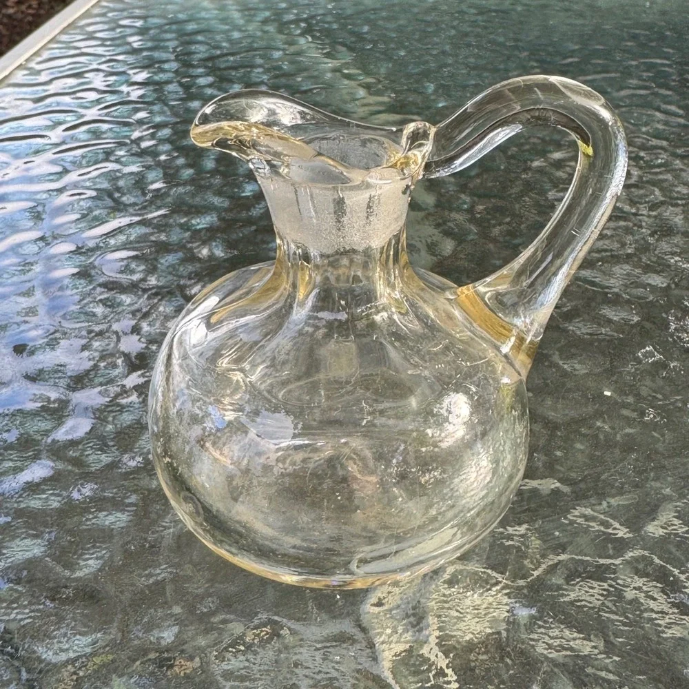 Vintage Hand Blown Clear Glass Oil Cruet Pitcher with Applied Handle 5.5